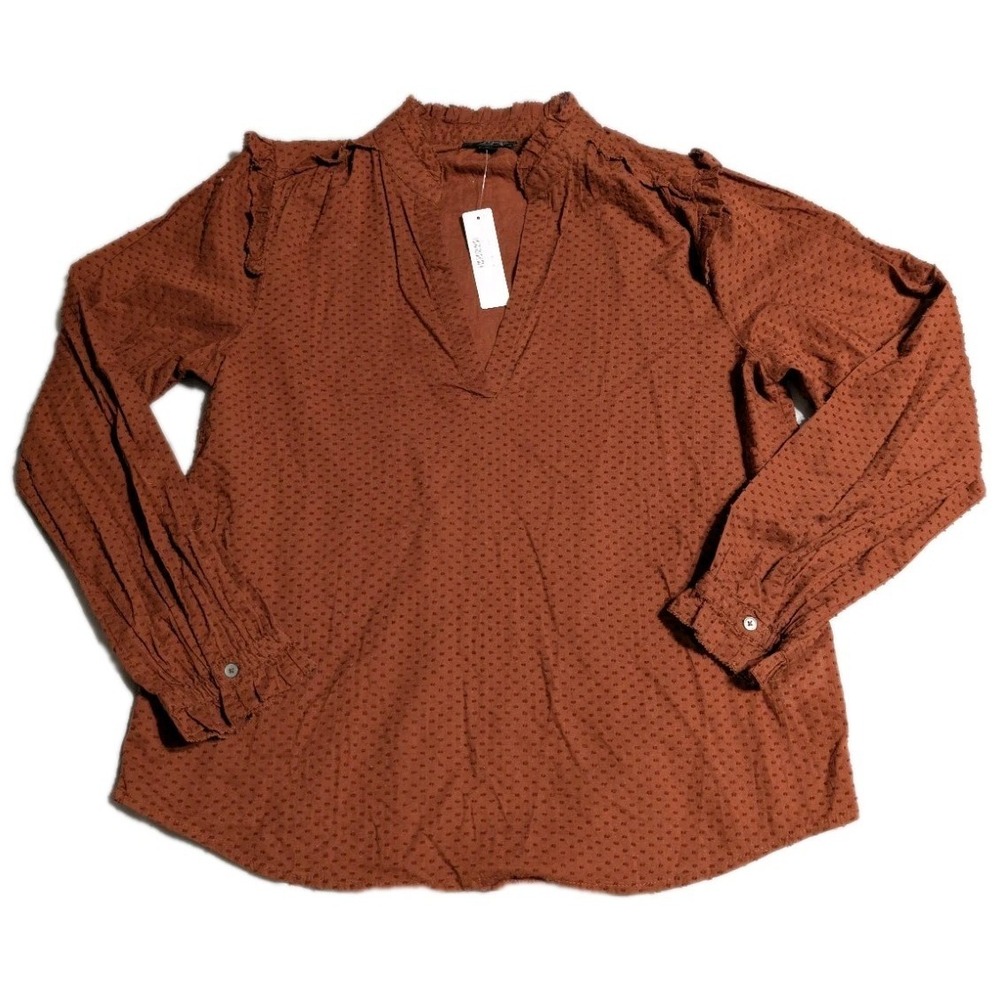 J.Crew Womens Swiss Dot Ruffle Neck Popover Blouse Brown Size Small Boho
